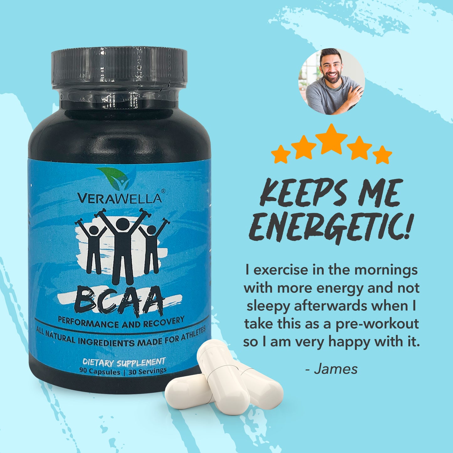 2:1:1 BCAA - VeraWella review for BCAA, I exercise in the mornings with more energy and not sleepy aftewards when I take this as a preworkout so I am very happy with it.
