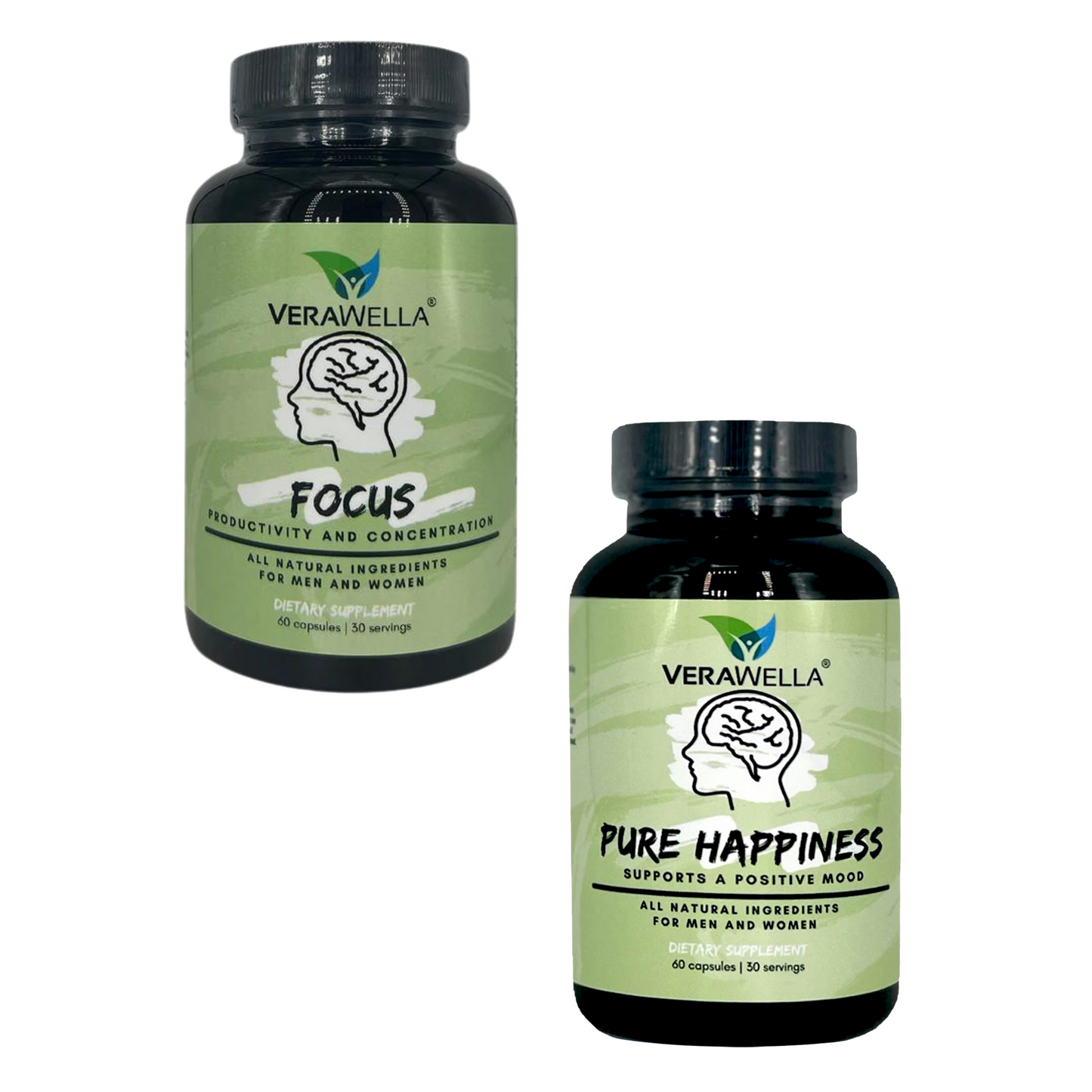 Focus supplement and Pure Happiness supplements in a bundle for the ultimate mental health combo.