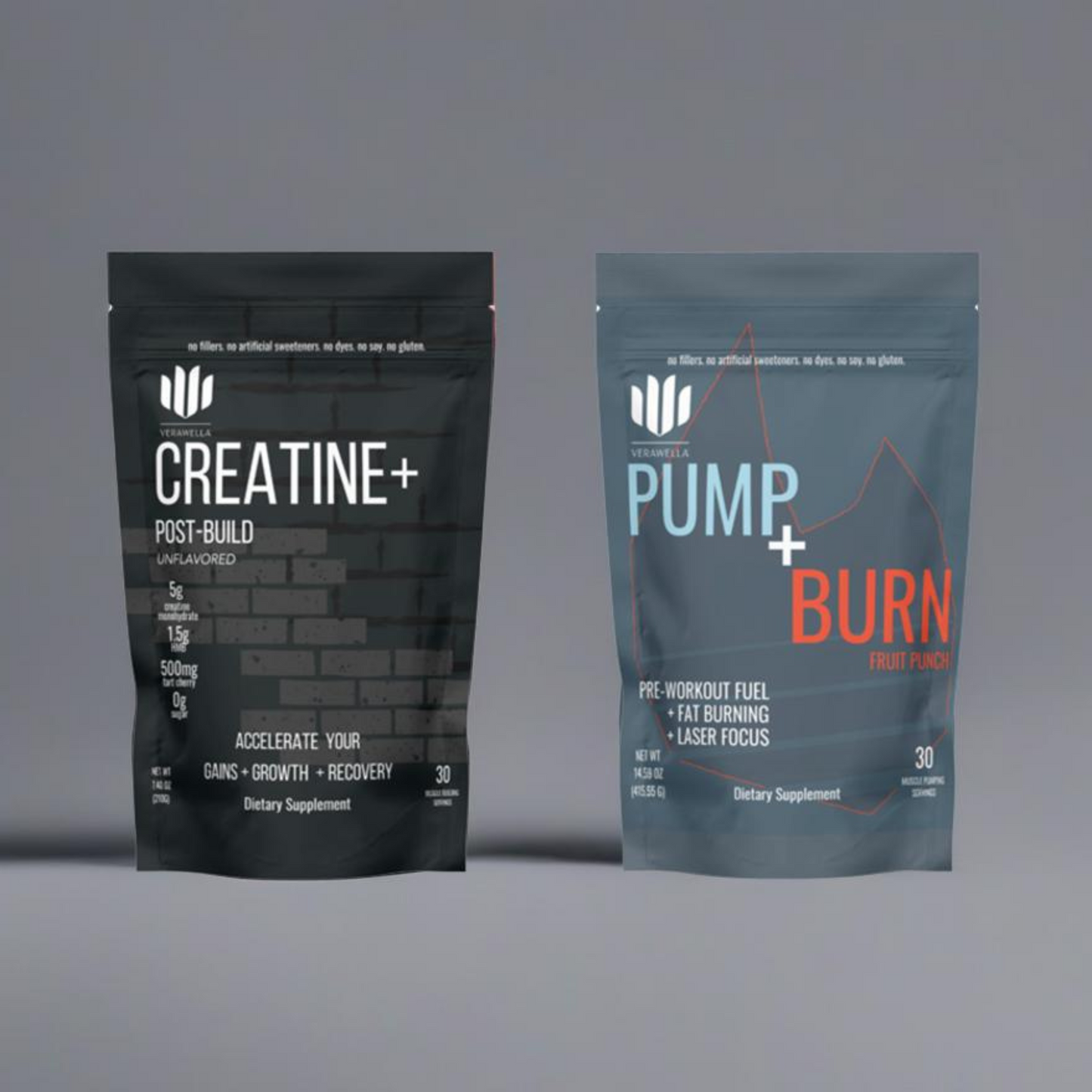 Preworkout supplement Pump and Burn with citrulline malate, beta alanine, choline, caffiene, taurine, ashwagandha, and GBB. Creatine post workout supplement with HMB, Tart Cherry, and Vitamin D. Build muscle, build strength, and build endurance.