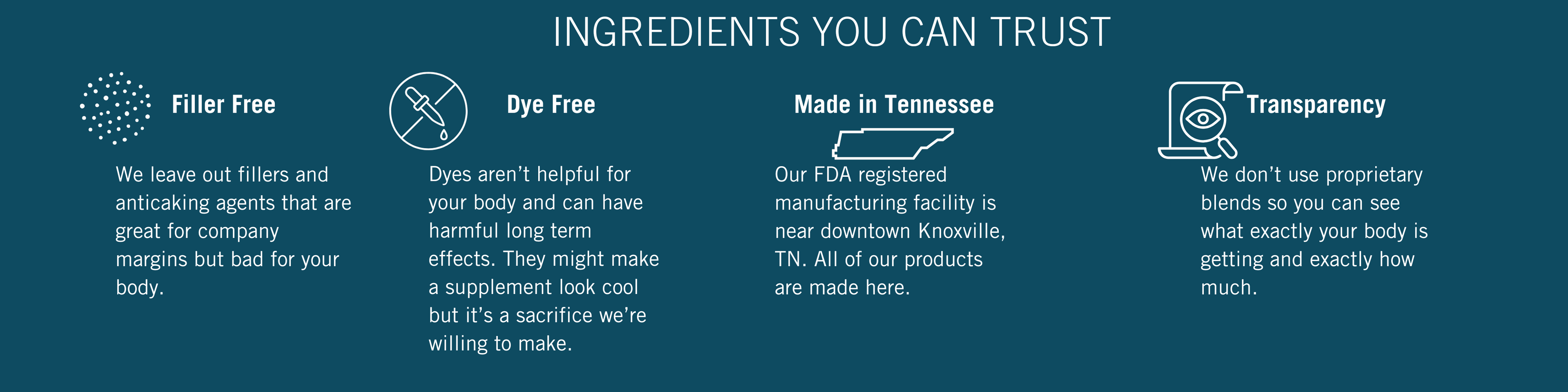 Verawella's statement of ingredients you can trust. Our supplements are free from harmful fillers, anticaking agents, artificial sweeteners, and dyes. All of our products are manufactured in Knoxville, TN. We do not use proprietary blends so you can see exactly what you are getting and exactly how much of it. 